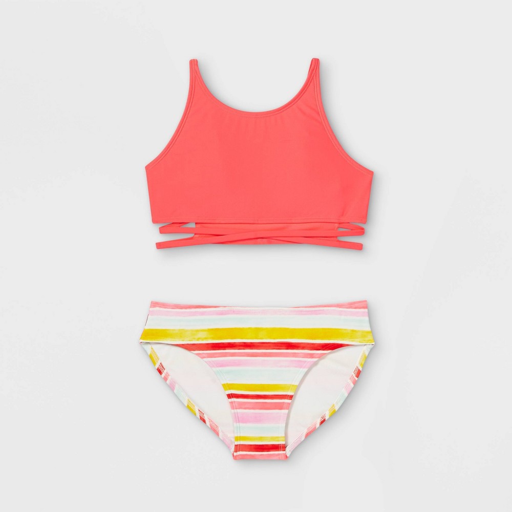size XS Girls' Striped Bikini Set - art class Coral Pink