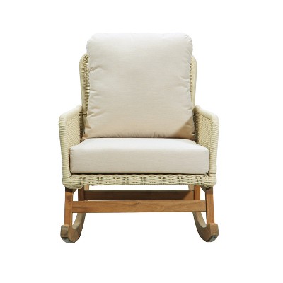 TIRAMISUBEST Minimalist Ivory Wicker Rocking Chair - Soft Polyester Cushions, Sturdy Wood Frame, Indoor & Outdoor Use