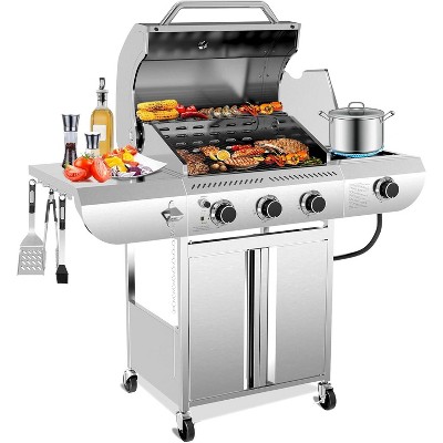 ZAFRO 3-Burner Propane Gas Grill with Side Burner 34,000 BTU Stainless Steel Outdoor BBQ Grill, Cast Iron Grates, Portable for Patio, Camping