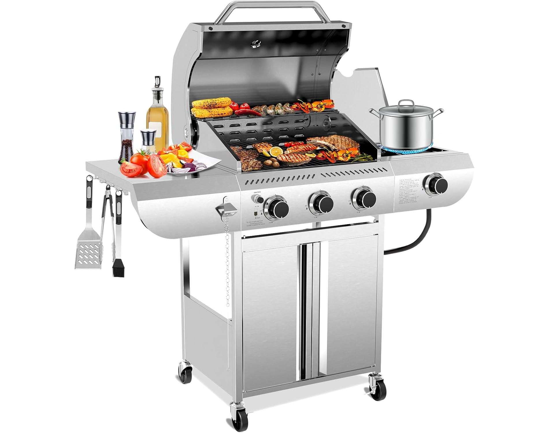 ZAFRO 3-Burner Propane Gas Grill with Side Burner 34,000 BTU Stainless Steel Outdoor BBQ Grill, Cast Iron Grates, Portable for Patio, Camping