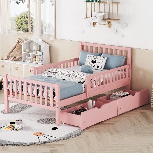 Lyngins Twin Size Wood Platform Bed Frame with Headboard, Bed with Guardrails on Both Sides & 2 Storage Drawers, Space-Saving Storage Bed - 1 of 4