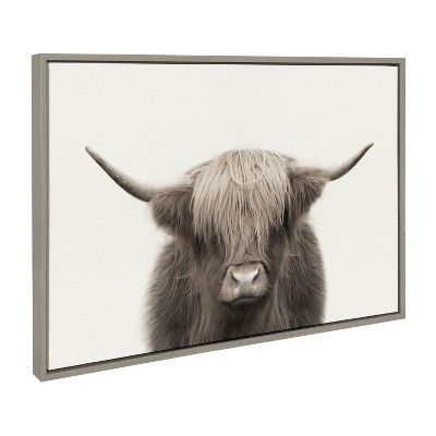 Gray Highland Cow Print on Canvas with Polystyrene Frame