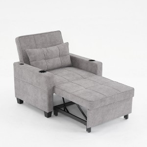 Tech Cloth Leather Futon 3-in-1 Convertible Chair Bed with Pull-Out Sleeper, USB Ports, Adjustable Backrest, Built-in Cup Holders and Throw Pillows - 1 of 4