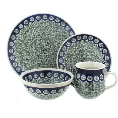 Blue Rose Polish Pottery Peacock Swirl 16 Piece Dinner Set