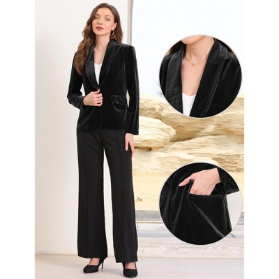 INSPIRE CHIC Women's Velvet Shawl Collared Long Sleeve Button Down with Pockets Business Blazer Small Black — фото 2