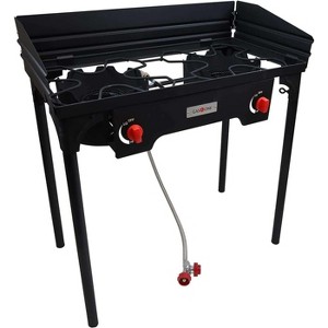 GasOne Propane 2 Burner Camp Stove with Windscreen Outdoor High Pressure with Adjustable PSI Regulator and 4ft Steel Braided Hose With Removable Legs - 1 of 4