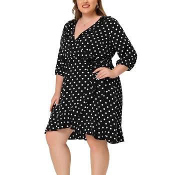 Agnes Orinda Women's Plus Size Polka Dots Elegant  3/4 Sleeve Ruffle Dress