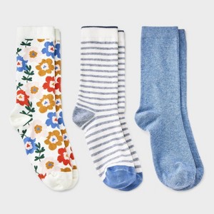 Women's Floral 3pk Crew Socks - A New Day™ Ivory/Blue/Gray 4-10: Tagless, Smooth Toe Seams - 1 of 3