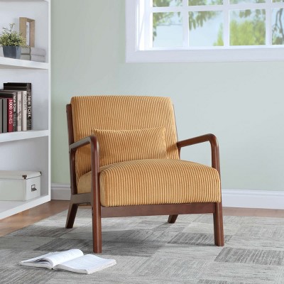 Natural Wooden Lounge Chair with Ribbed Corduroy Upholstery and Cushion for Living Room, Bedroom or Reading Corner-The Pop Home
