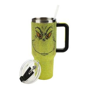 The Grinch Big Face 40 Oz Green Rhinestone-Coated Stainless Steel Tumbler With Handle - 1 of 4