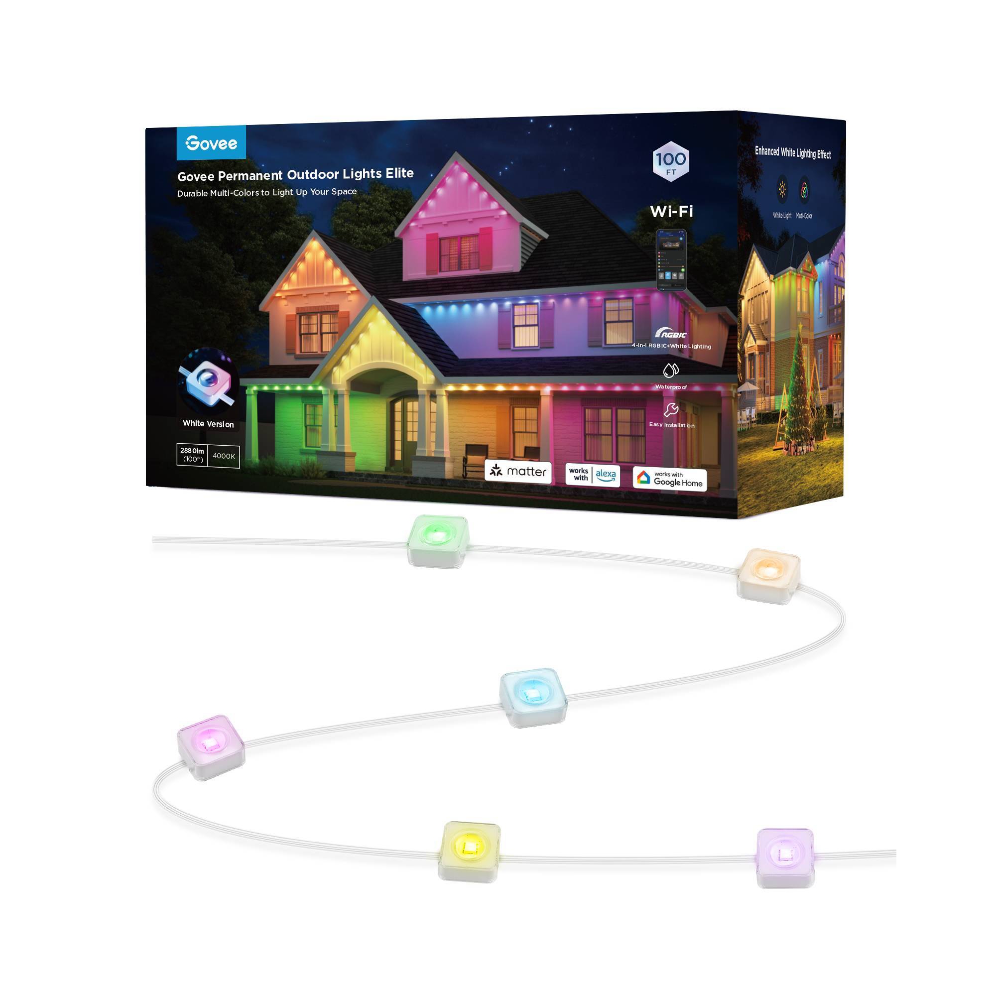 Govee 100ft RGBICW White Permanent Outdoor Lights Elite: LED String Lights, 72 Counts