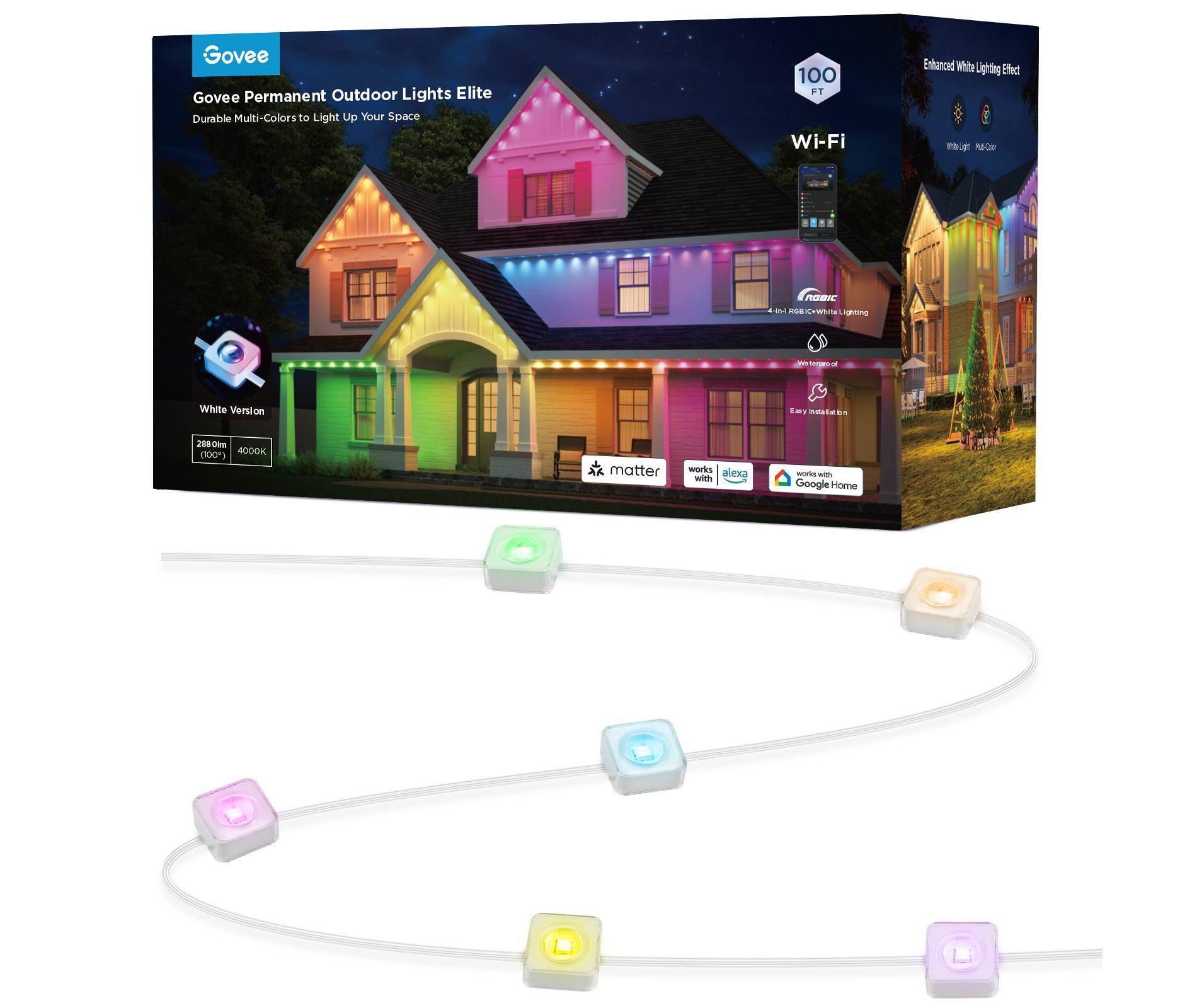 Govee 100ft RGBICW White Permanent Outdoor Lights Elite: LED String Lights, 72 Counts