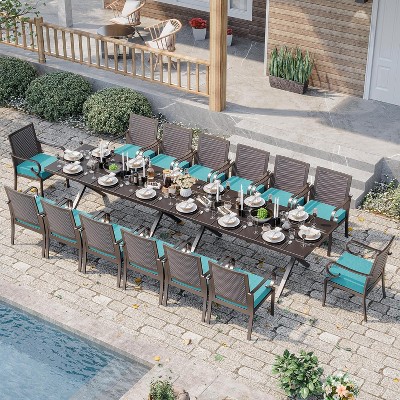ALAULM 16-Piece Patio Dining Set Outdoor Furniture, Metal Patio Furniture Set 14 Rattan Chairs and 2 Large Tables with Umbrella Cutout for Deck, Blue