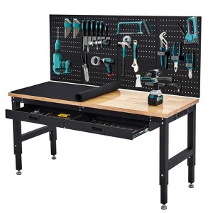 60 Inches Workbench, Rubber Wood Tabletop Work Table with 2 Drawers & Pegboard, 3000 LBS Heavy Duty Adjustable Height Work Bench with Power Outlets - 1 of 4