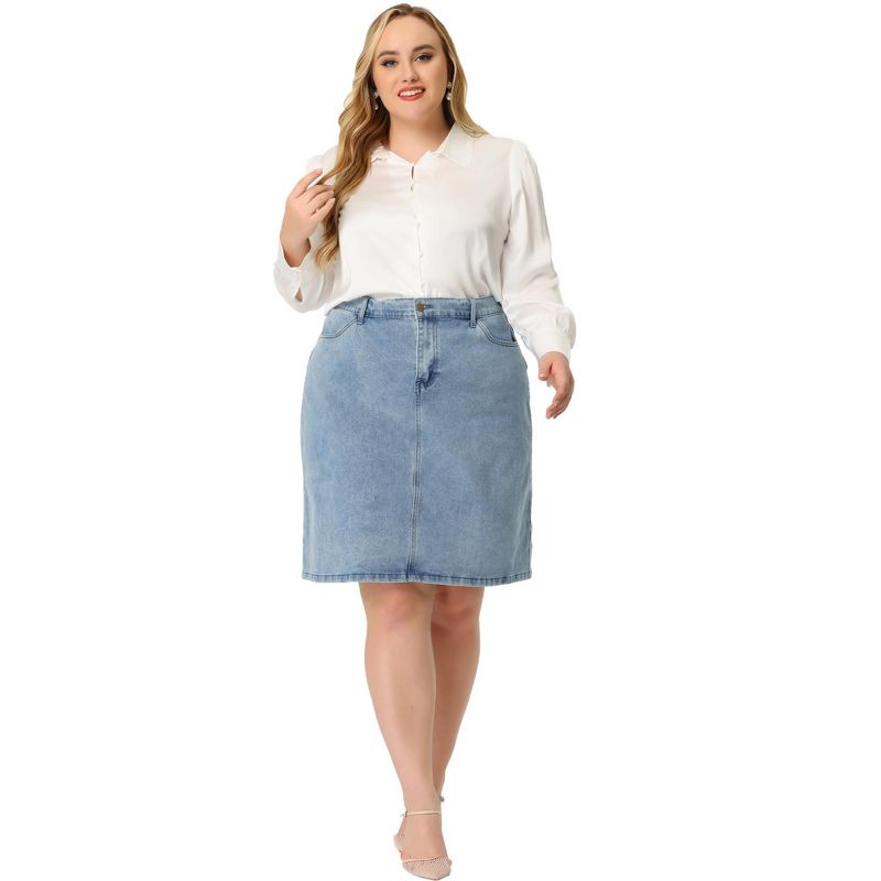 Agnes Orinda Women's Plus Size Denim Classic Slash Pocket Elastic Waist Pencil Back Slit Jeans Skirts, 3 of 7