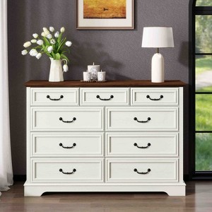 Dyonery Farmhouse 9 Drawers Dresser for Bedroom, 52" Wide Rustic Wood Chest of Drawers with Metal Handles,Modern Dresser TV Stand,White - 1 of 4
