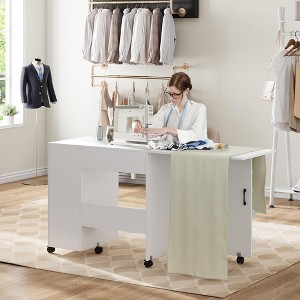 Sewing Table with Storage, Folding Craft Table with Lockable Wheels and Sliding Drawer - 1 of 4