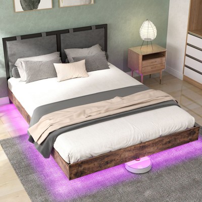 PAGED Floating Bed Frame with LED Lights, Bed Frame with Upholstered Headboard, No Box Spring Needed
