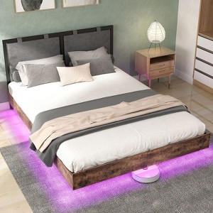 PAGED Floating Bed Frame with LED Lights, Bed Frame with Upholstered Headboard, No Box Spring Needed - 1 of 4