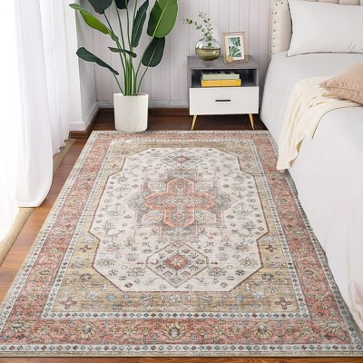 GarveeWashable Floral Print Area Rug, Traditional Vintage Boho Carpet, Non-Shedding Low Pile Floor Mat with Non-Slip Rubber Backing, Beige