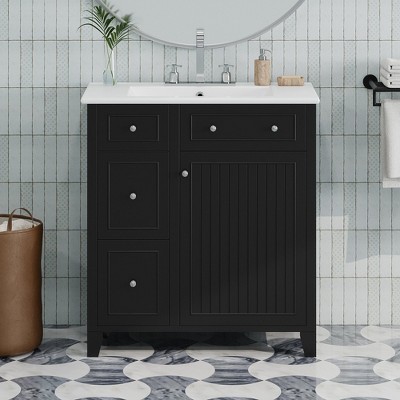 30" Black Bathroom Storage Cabinet, Bathroom Vanity With Ceramic Basin ...