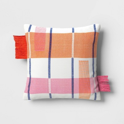 Aaakar Checkered Blockprinted Throw Pillow, Rust 18x18 inch