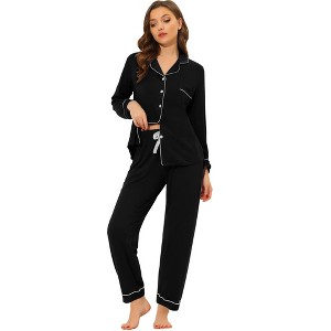 cheibear Women's Long Sleeves Button Down Top with Pants Lounge Pajamas Set - 1 of 4