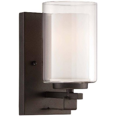 Minka Lavery Industrial Wall Light Sconce Smoked Iron Hardwired 4 1/2" Fixture Clear Outer Etched White Inner Shade for Bedroom