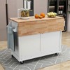 MAYEERTY White 52.2" Kitchen Cart Rubber Wood Drop-Leaf Countertop, Sliding Barn Door 2 Drawers Adjustable Height Rolling Cart - 4 of 4
