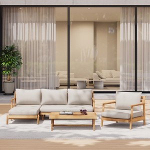Christopher Knight Home Simon 4 Piece Rustic Patio Acacia Wood Slatted Design Upholstered Seating Set, Teak/Beige - 1 of 4