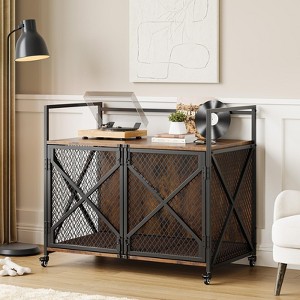 Furniture Style Dog Crate 4 Latches, Farmhouse Dog Kennnel Furniture with 360° Wheels, Large Dog Cage End Table for Living Room, Entryway, Brown - 1 of 4