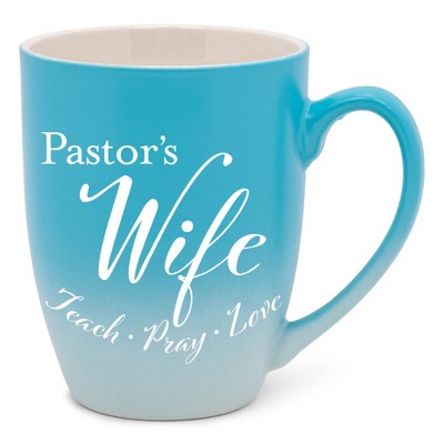 Elanze Designs Pastor's Wife Pray Love Two Toned Ombre Matte Sky Blue and White 12 ounce Ceramic Stoneware Coffee Cup Mug