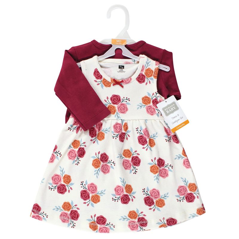 Hudson Baby Infant and Toddler Girl Cotton Dress and Cardigan Set, Autumn Rose, 2 of 6