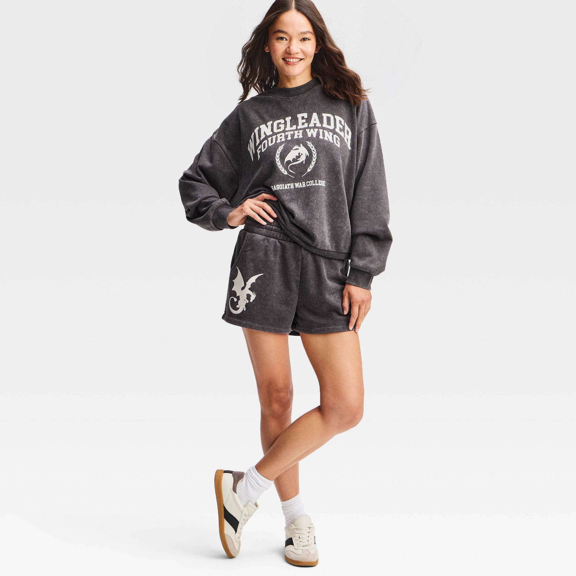 Women's Fourth Wing Dragon Fleece Graphic Pull-On Shorts - Black Wash