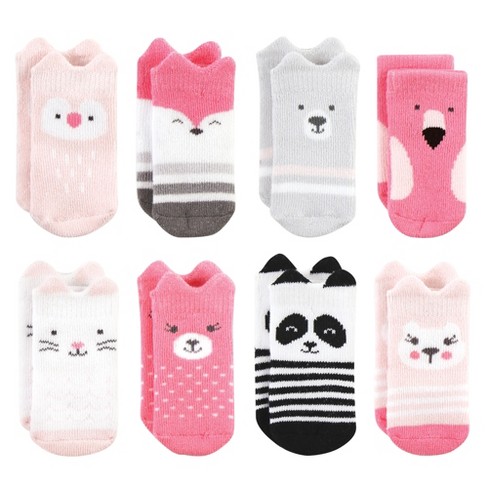 Hudson Baby Infant Girl Cotton Rich Newborn and Terry Socks, Pink Animals,  0-6 Months