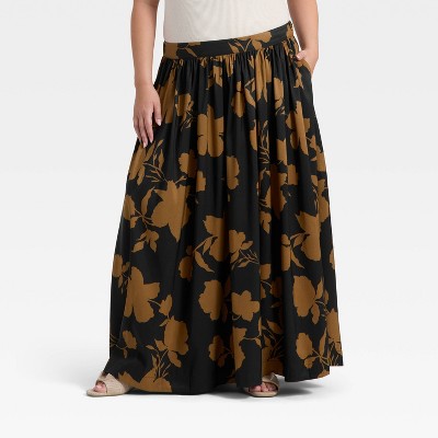 Women's Voluminous Maxi A-Line Skirt - A New Day™ Black/Brown Floral