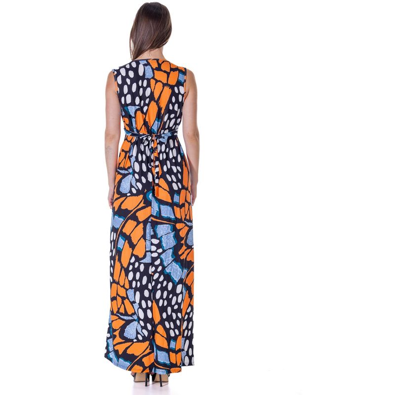 24seven Comfort Apparel Womens Orange Butterfly Print V Neck Tie Back Empire Waist Sleeveless Maxi Dress, 3 of 9