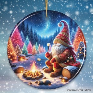 Majestic Winter World Gnome Camper Ceramic Christmas Ornament, Luminescent Forest and Starry Night| OrnamentallyYou - 1 of 4