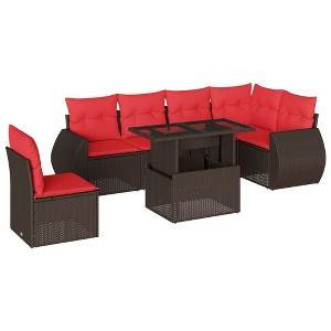 vidaXL 7 Piece Garden Sofa Set with Cushions Brown Poly Rattan - Brown - 1 of 4