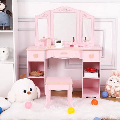 Kids Vanity Set, Pretend Play Girls Vanity Table and Chair Set with Mirror, Stool, and Wood Makeup Playset