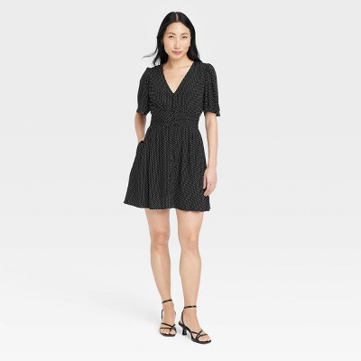 Women's Flutter Short Sleeve Printed Crepe Mini Dress - A New Day™ Black/White Polka Dots L