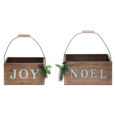 Transpac Wood 11 in. Brown Christmas NOEL/JOY Container Set of 2