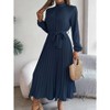 Women's Mock Neck Belted Pleated Midi Dress - Long Sleeve Flowy Swing Dress for Formal & Casual - 2 of 4
