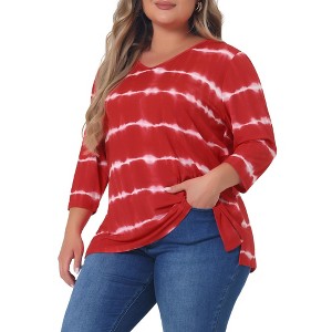 Agnes Orinda Women's Plus Size Tie Dye 3/4 Sleeve Side Slit V Neck Trendy Spring Tops - 1 of 4