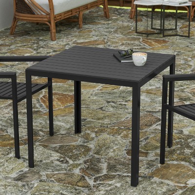Black Steel Frame Square Patio Dining Table with Poly Resin Slatted Top