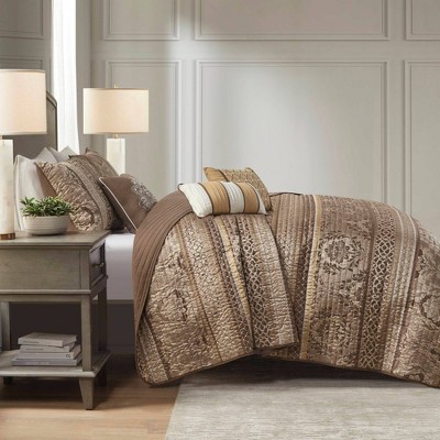 Full Brown Reversible Jacquard Coverlet Set with Shams and Pillows