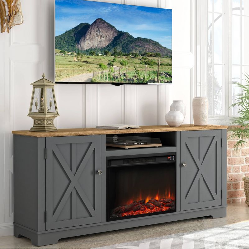 70&#34; Farmhouse Wooden TV Stand for TVs up to 75&#34; with Electric Fireplace Gray - Festivo, 3 of 12