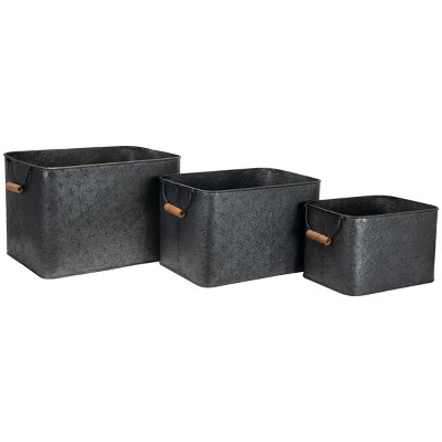 Set of 3 Black Galvanized Decorative Storage Nesting Bins with Wood Handles - Foreside Home & Garden