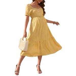 Coolmee Maternity Dress Summer Ruffle Short Sleeve V Neck Smocked Midi Dress Baby Shower Photoshoot - 1 of 4