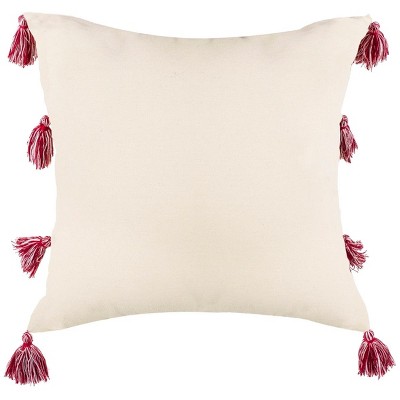 Landria 16" Beige and Red Geometric Throw Pillow with Tassels